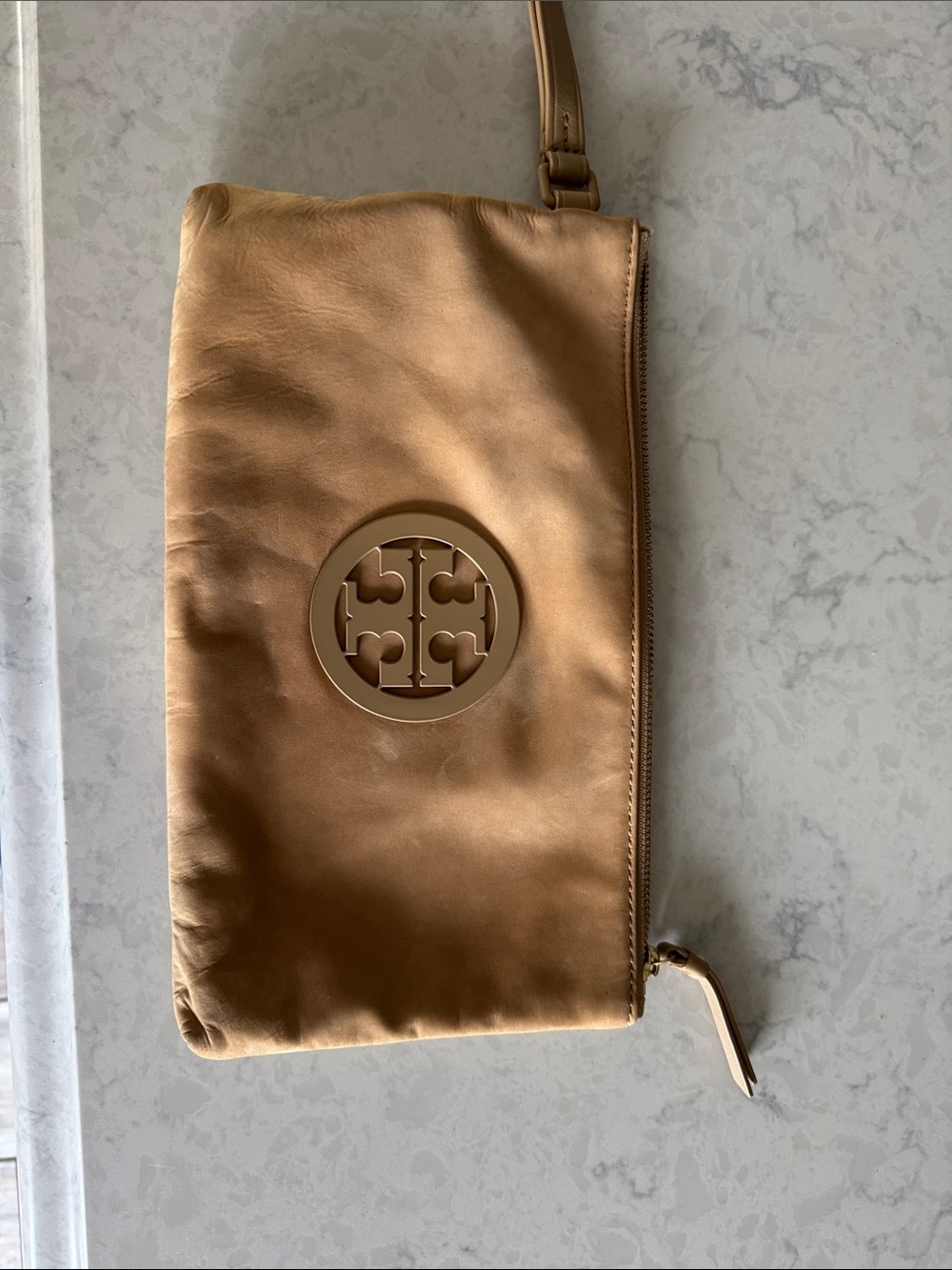 Tory Burch Camel Leather Logo Wristlet Clutch